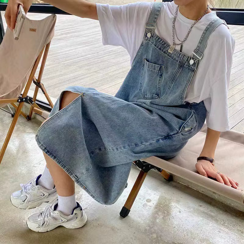 Women's Denim Overall Dress | Sleeveless | Split Front | Casual Blue | Adjustable Straps | Steven & Levon