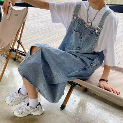 Women's Denim Overall Dress | Sleeveless | Split Front | Casual Blue | Adjustable Straps | Steven & Levon
