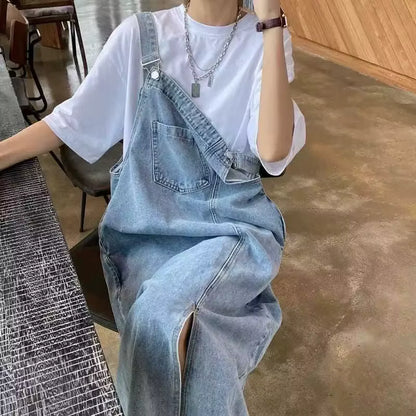 Women's Denim Overall Dress | Sleeveless | Split Front | Casual Blue | Adjustable Straps | Steven & Levon