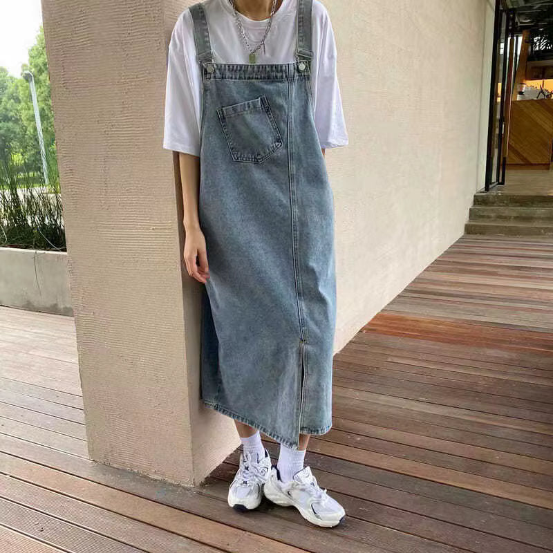 Women's Denim Overall Dress | Sleeveless | Split Front | Casual Blue | Adjustable Straps | Steven & Levon