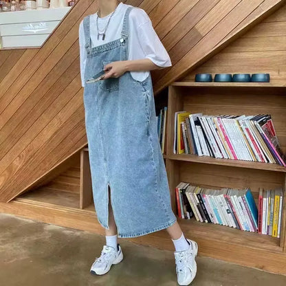 Women's Denim Overall Dress | Sleeveless | Split Front | Casual Blue | Adjustable Straps | Steven & Levon