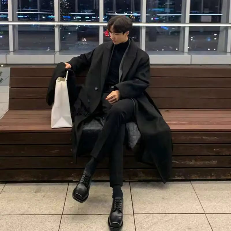 Wool Blend Overcoat | Men Peacoat | Loose Fit Single Breasted Korean Style Autumn Coat | Steven & Levon