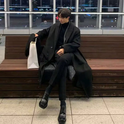 Wool Blend Overcoat | Men Peacoat | Loose Fit Single Breasted Korean Style Autumn Coat | Steven & Levon