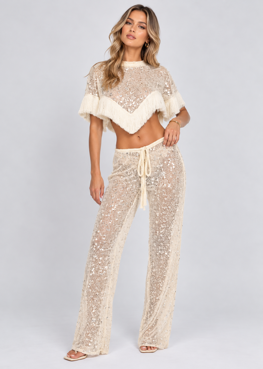 Women's Sequin Mesh Crop Top | Co Ord Set | Tassel Fringe Flared Trousers | Steven & Levon