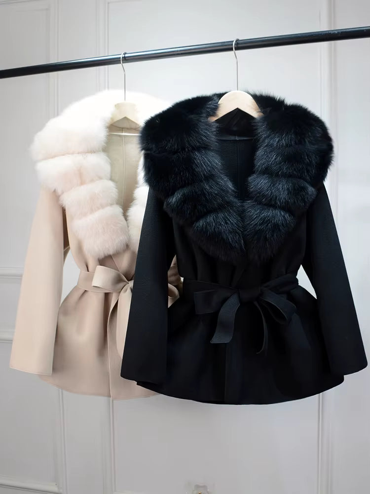 Women's Wool Coat | Real Fox Fur Collar | Belted Waist | Elegant Winter Outerwear | Steven & Levon
