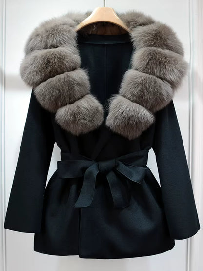 Women's Wool Coat | Real Fox Fur Collar | Belted Waist | Elegant Winter Outerwear | Steven & Levon