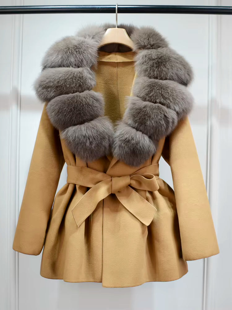 Women's Wool Coat | Real Fox Fur Collar | Belted Waist | Elegant Winter Outerwear | Steven & Levon