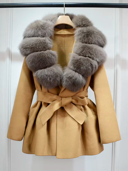 Women's Wool Coat | Real Fox Fur Collar | Belted Waist | Elegant Winter Outerwear | Steven & Levon