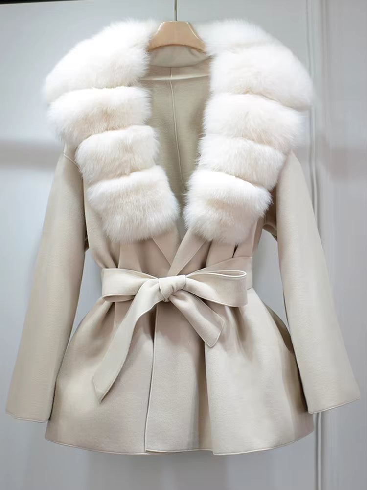 Women's Wool Coat | Real Fox Fur Collar | Belted Waist | Elegant Winter Outerwear | Steven & Levon