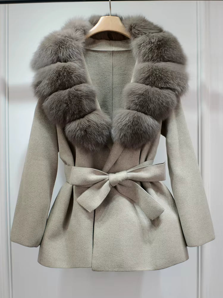 Women's Wool Coat | Real Fox Fur Collar | Belted Waist | Elegant Winter Outerwear | Steven & Levon