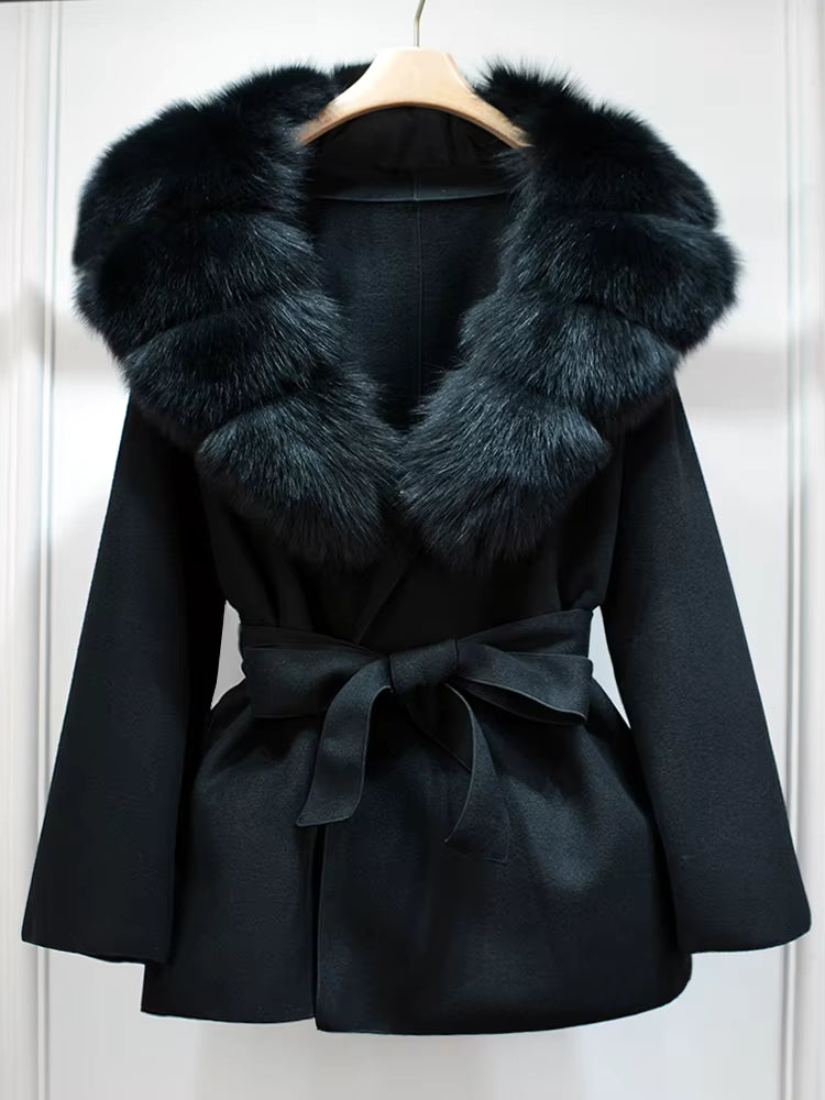 Women's Wool Coat | Real Fox Fur Collar | Belted Waist | Elegant Winter Outerwear | Steven & Levon