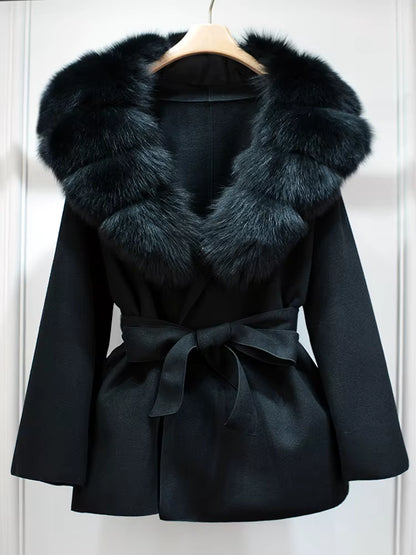 Women's Wool Coat | Real Fox Fur Collar | Belted Waist | Elegant Winter Outerwear | Steven & Levon