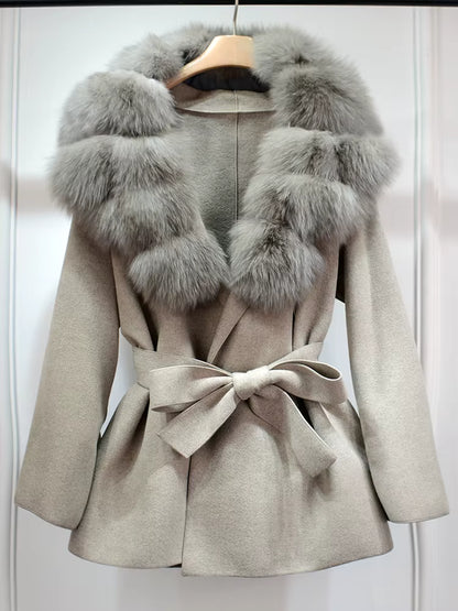 Women's Wool Coat | Real Fox Fur Collar | Belted Waist | Elegant Winter Outerwear | Steven & Levon