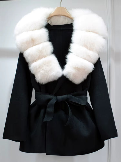 Women's Wool Coat | Real Fox Fur Collar | Belted Waist | Elegant Winter Outerwear | Steven & Levon
