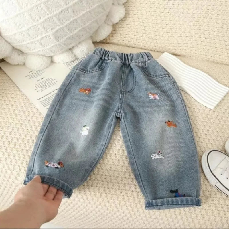 Kids Animal Embroidered Denim Jeans | Boys & Girls | Elastic Waist | Loose Fit | Casual Pants | Steven & Levon