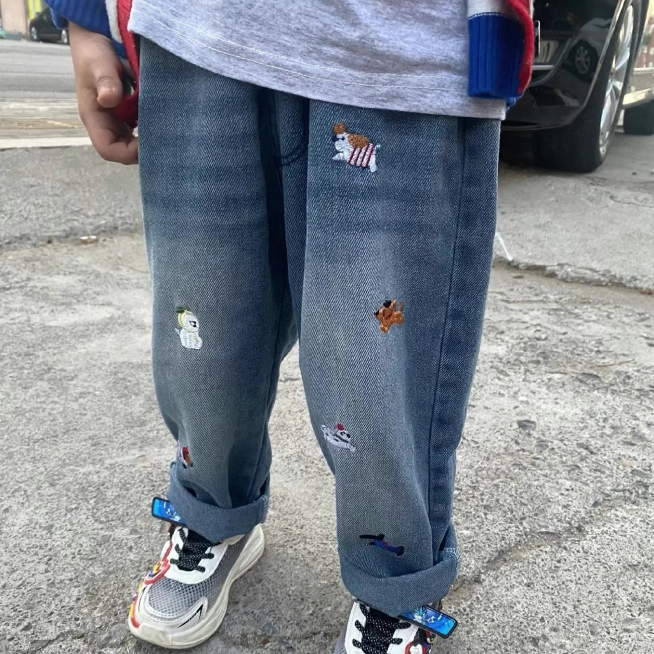 Kids Animal Embroidered Denim Jeans | Boys & Girls | Elastic Waist | Loose Fit | Casual Pants | Steven & Levon