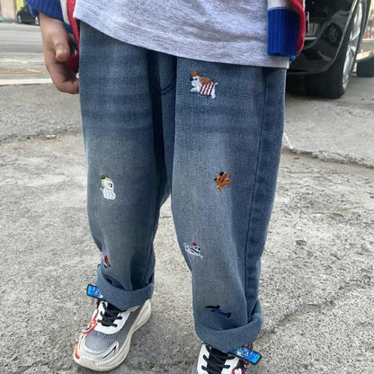 Kids Animal Embroidered Denim Jeans | Boys & Girls | Elastic Waist | Loose Fit | Casual Pants | Steven & Levon