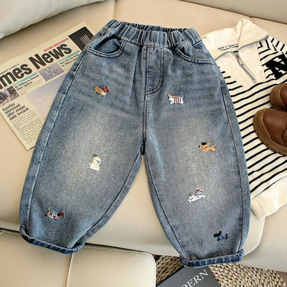 Kids Animal Embroidered Denim Jeans | Boys & Girls | Elastic Waist | Loose Fit | Casual Pants | Steven & Levon