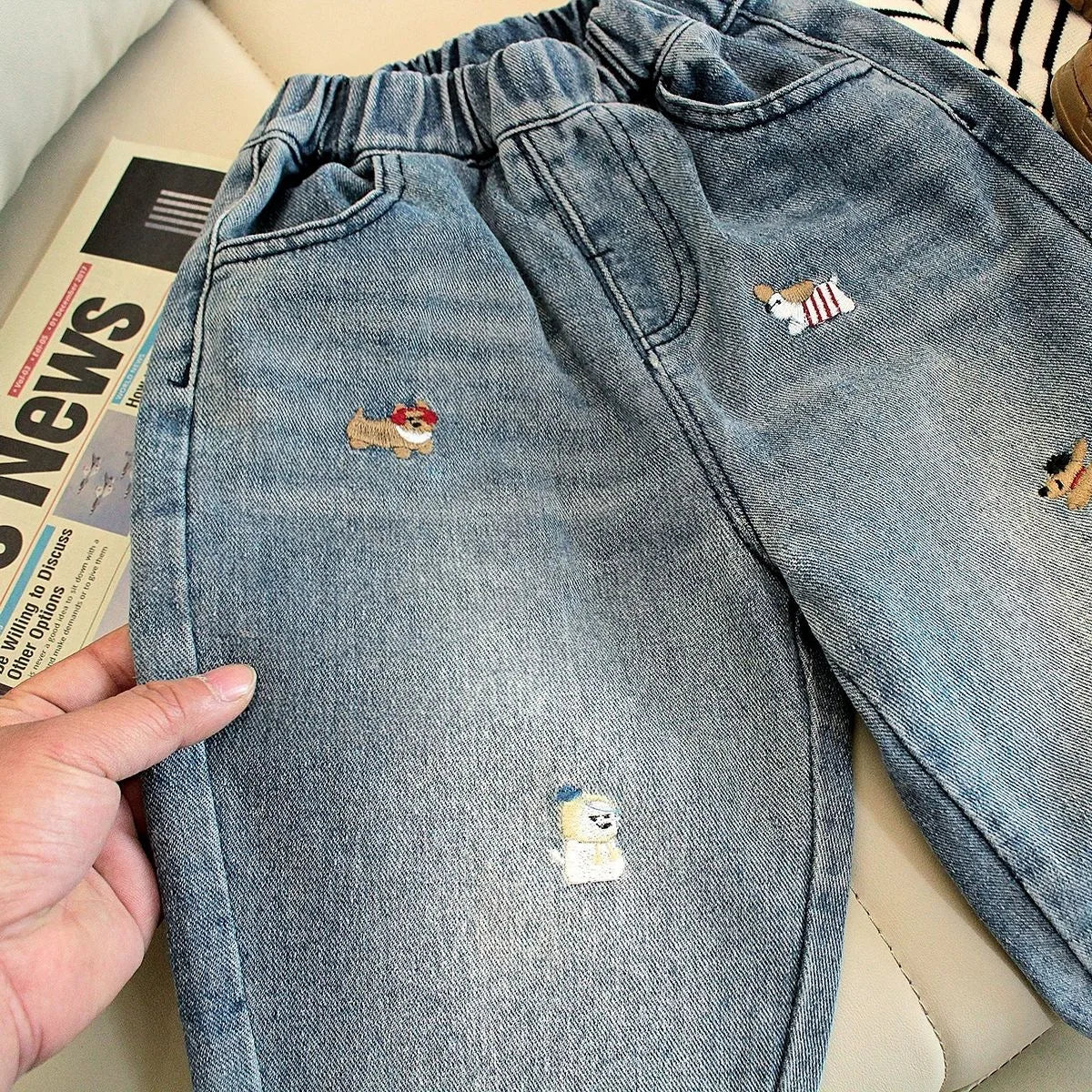 Kids Animal Embroidered Denim Jeans | Boys & Girls | Elastic Waist | Loose Fit | Casual Pants | Steven & Levon