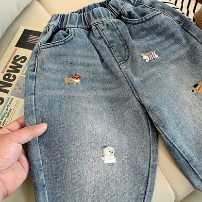 Kids Animal Embroidered Denim Jeans | Boys & Girls | Elastic Waist | Loose Fit | Casual Pants | Steven & Levon