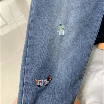 Kids Animal Embroidered Denim Jeans | Boys & Girls | Elastic Waist | Loose Fit | Casual Pants | Steven & Levon