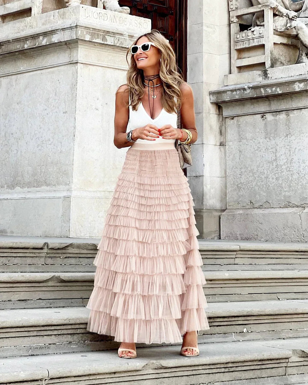 Tulle Maxi Skirt | Women | Layered Tulle | Elastic Waistband | Flowy A-Line Skirt | Steven & Levon