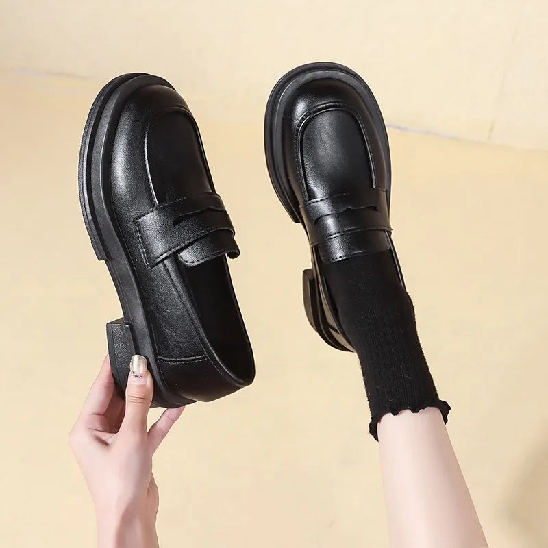 Women's Penny Loafers | Platform Sole | Slip-On | Black Leather Look | Casual Shoes | Steven & Levon