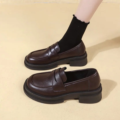 Women's Penny Loafers | Platform Sole | Slip-On | Black Leather Look | Casual Shoes | Steven & Levon