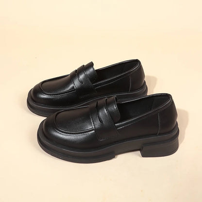 Women's Penny Loafers | Platform Sole | Slip-On | Black Leather Look | Casual Shoes | Steven & Levon