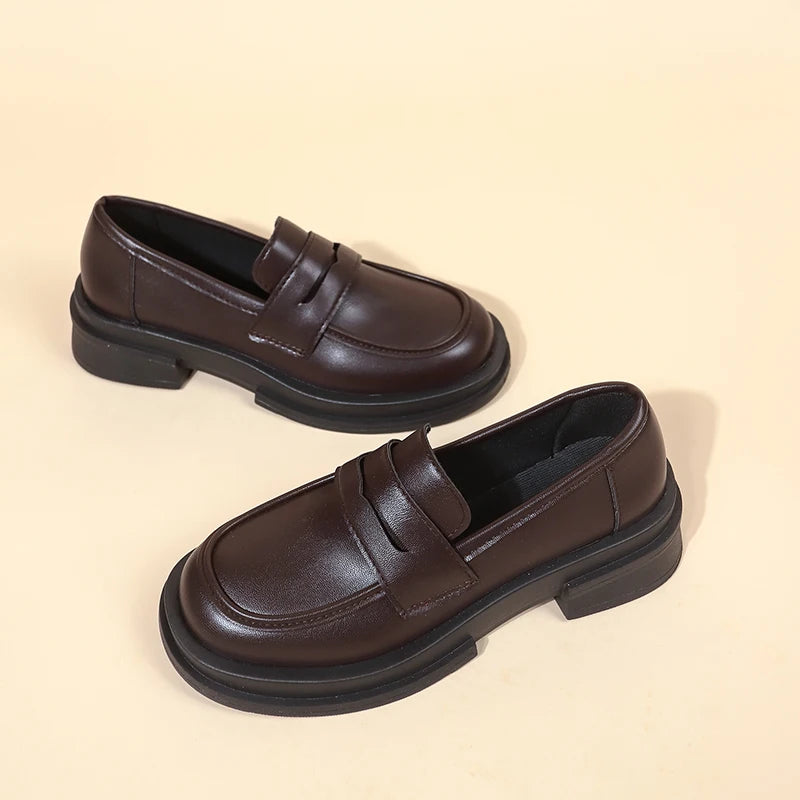 Women's Penny Loafers | Platform Sole | Slip-On | Black Leather Look | Casual Shoes | Steven & Levon