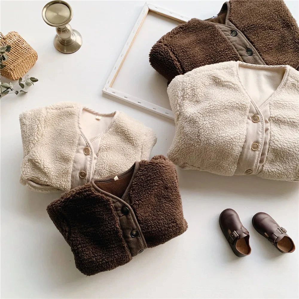 Kids Teddy Fleece Jacket | Boys & Girls | Button Front | Plush Winter Coat | Warm Outerwear | Steven & Levon