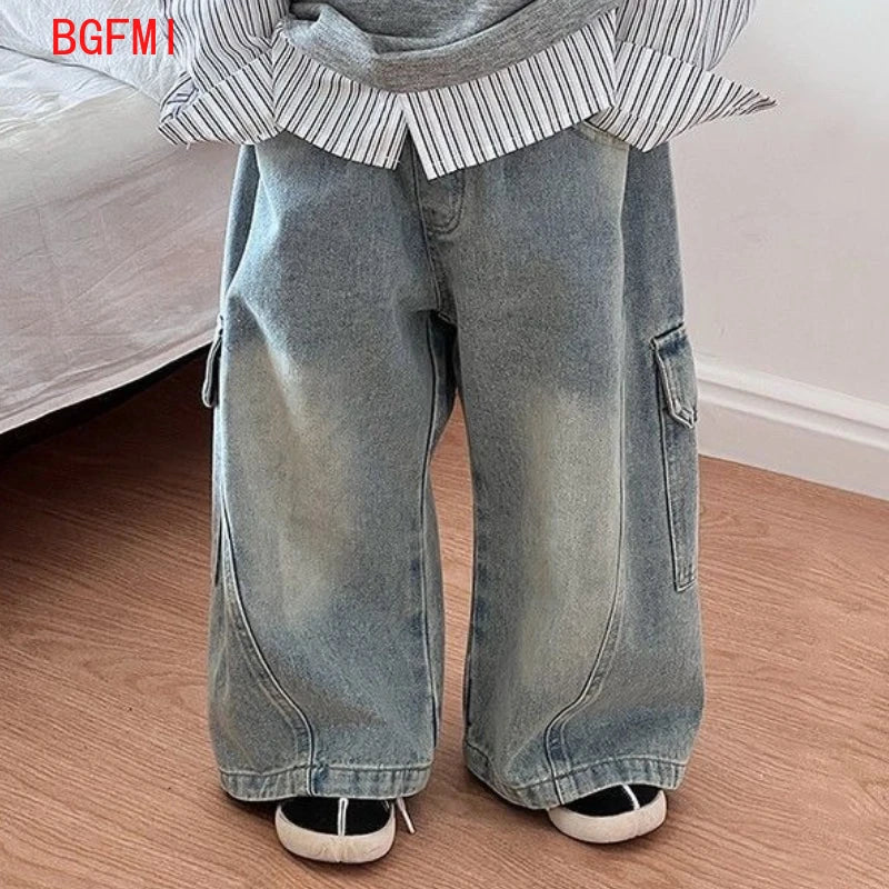 Kids Wide Leg Cargo Jeans | Boys & Girls | Loose Fit | Denim Trousers | Casual | Steven & Levon