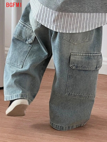Kids Wide Leg Cargo Jeans | Boys & Girls | Loose Fit | Denim Trousers | Casual | Steven & Levon