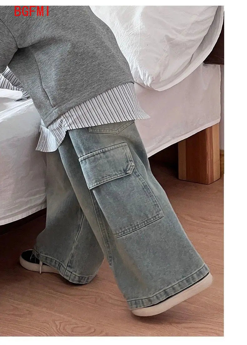 Kids Wide Leg Cargo Jeans | Boys & Girls | Loose Fit | Denim Trousers | Casual | Steven & Levon