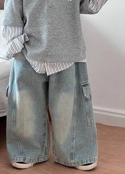 Kids Wide Leg Cargo Jeans | Boys & Girls | Loose Fit | Denim Trousers | Casual | Steven & Levon