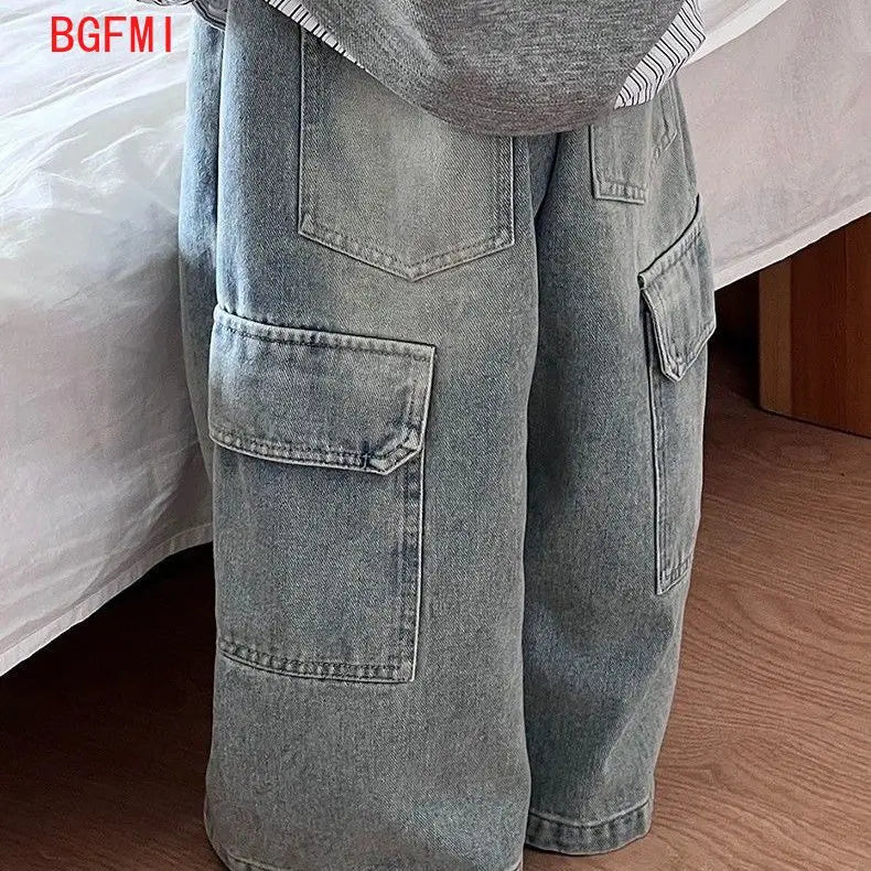 Kids Wide Leg Cargo Jeans | Boys & Girls | Loose Fit | Denim Trousers | Casual | Steven & Levon