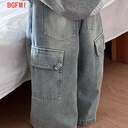 Kids Wide Leg Cargo Jeans | Boys & Girls | Loose Fit | Denim Trousers | Casual | Steven & Levon