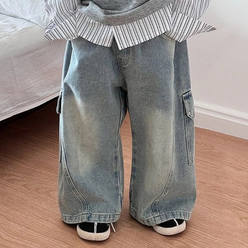 Kids Wide Leg Cargo Jeans | Boys & Girls | Loose Fit | Denim Trousers | Casual | Steven & Levon