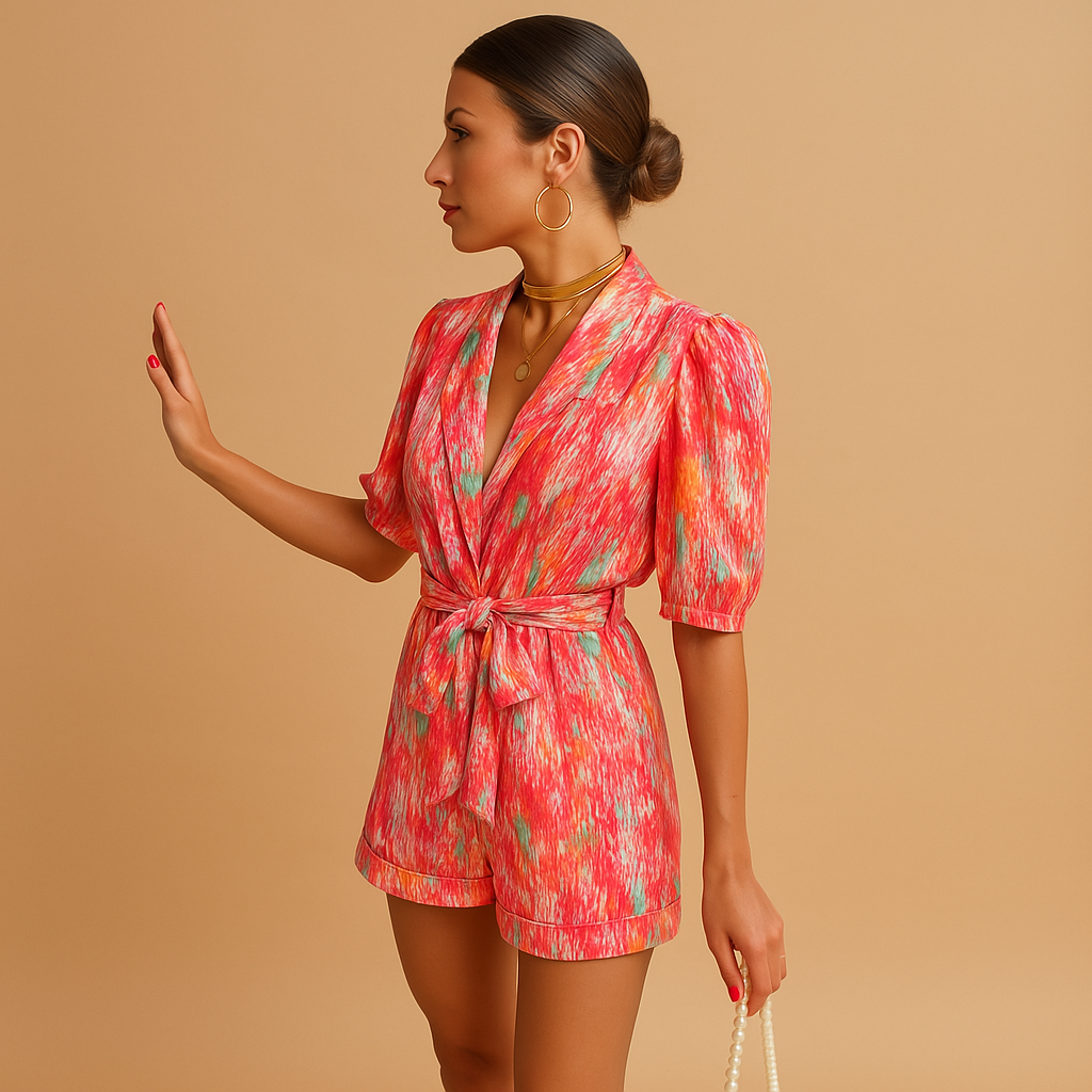 Women's Belted Short Jumpsuit | Vibrant Print Romper | Women's Playsuit | Adjustable Waist | Casual Summer Outfit | Steven & Levon