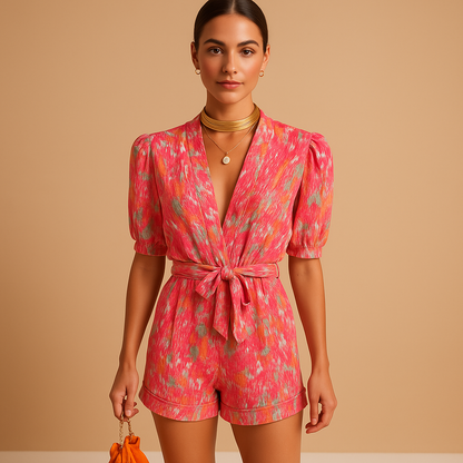 Women's Belted Short Jumpsuit | Vibrant Print Romper | Women's Playsuit | Adjustable Waist | Casual Summer Outfit | Steven & Levon