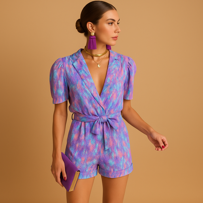 Women's Belted Short Jumpsuit | Vibrant Print Romper | Women's Playsuit | Adjustable Waist | Casual Summer Outfit | Steven & Levon