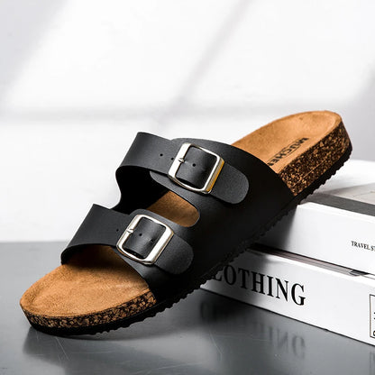 Double Buckle Cork Sandals | Unisex Slide Sandals | Faux Leather & Cork Footbed | Adjustable Comfort Casual Summer Slides | Steven & Levon