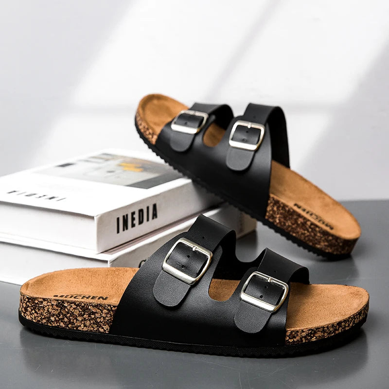 Double Buckle Cork Sandals | Unisex Slide Sandals | Faux Leather & Cork Footbed | Adjustable Comfort Casual Summer Slides | Steven & Levon