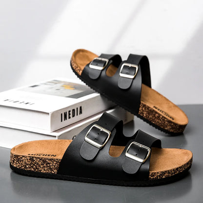 Double Buckle Cork Sandals | Unisex Slide Sandals | Faux Leather & Cork Footbed | Adjustable Comfort Casual Summer Slides | Steven & Levon
