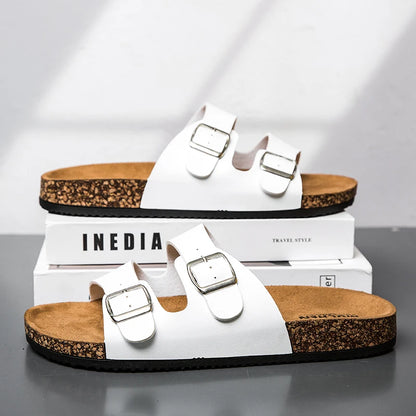 Double Buckle Cork Sandals | Unisex Slide Sandals | Faux Leather & Cork Footbed | Adjustable Comfort Casual Summer Slides | Steven & Levon