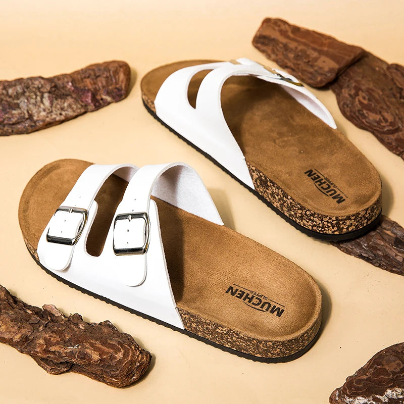 Double Buckle Cork Sandals | Unisex Slide Sandals | Faux Leather & Cork Footbed | Adjustable Comfort Casual Summer Slides | Steven & Levon