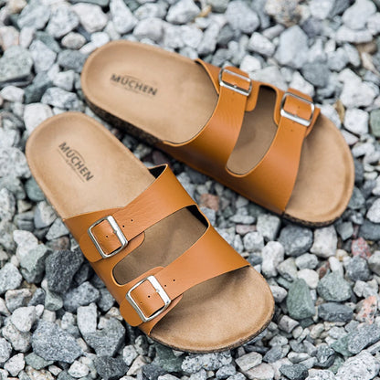 Double Buckle Cork Sandals | Unisex Slide Sandals | Faux Leather & Cork Footbed | Adjustable Comfort Casual Summer Slides | Steven & Levon