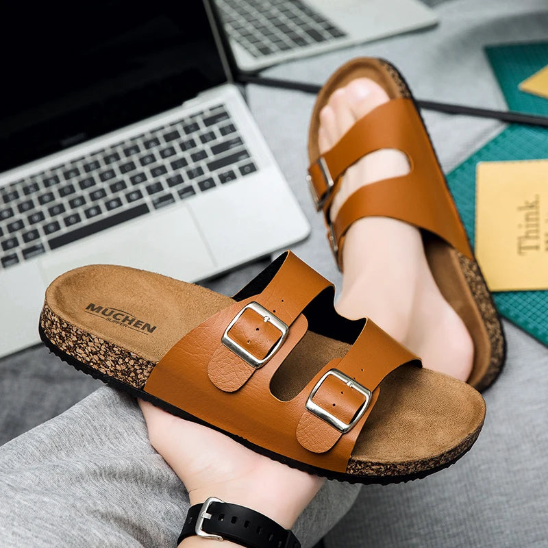 Double Buckle Cork Sandals | Unisex Slide Sandals | Faux Leather & Cork Footbed | Adjustable Comfort Casual Summer Slides | Steven & Levon