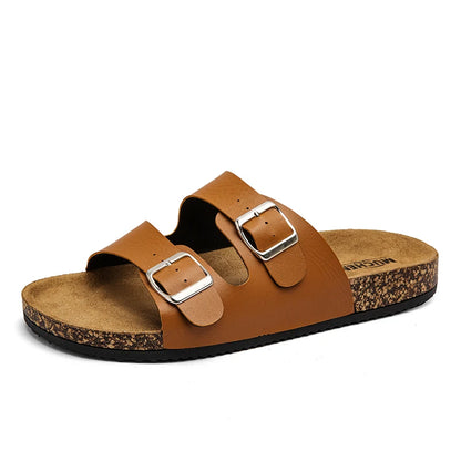Double Buckle Cork Sandals | Unisex Slide Sandals | Faux Leather & Cork Footbed | Adjustable Comfort Casual Summer Slides | Steven & Levon