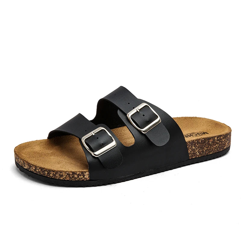Double Buckle Cork Sandals | Unisex Slide Sandals | Faux Leather & Cork Footbed | Adjustable Comfort Casual Summer Slides | Steven & Levon